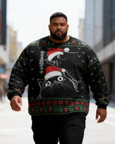 Big & Tall Men's Christmas Black Cat Graffiti Print Crewneck Ugly Sweater